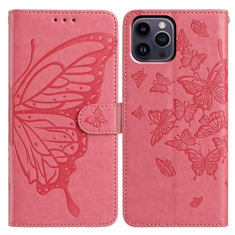 For iPhone 14 Pro Case Butterfly Imprinted Wallet Stand PU Leather Flip Phone Cover with Strap - Rose