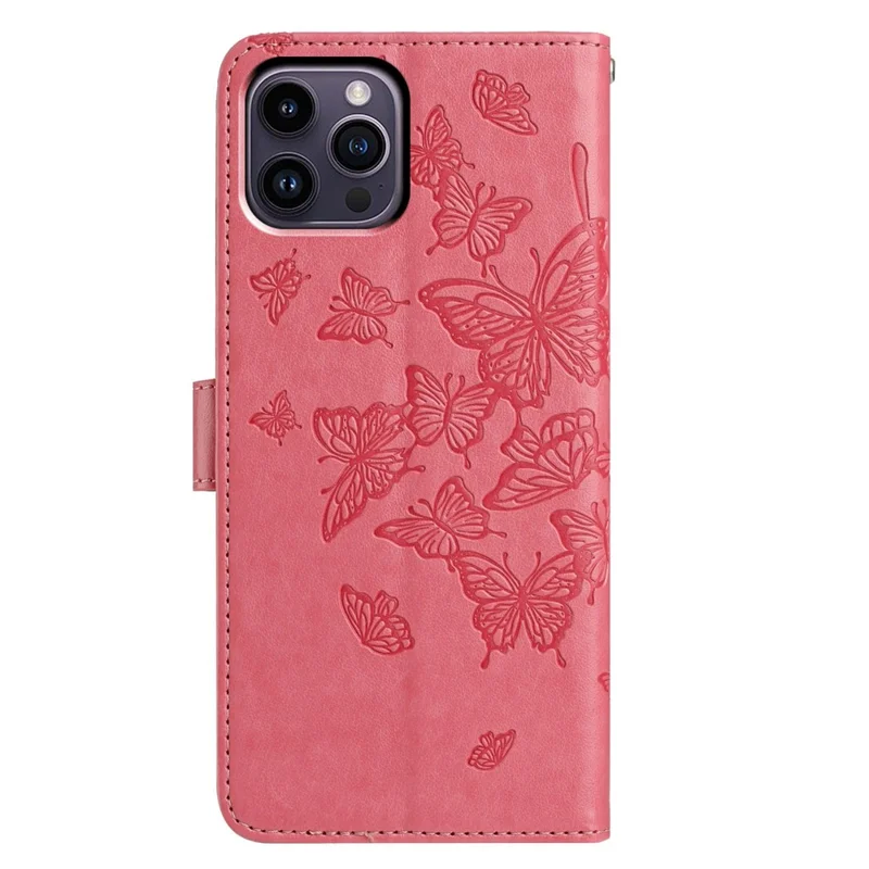 For iPhone 14 Pro Case Butterfly Imprinted Wallet Stand PU Leather Flip Phone Cover with Strap - Rose