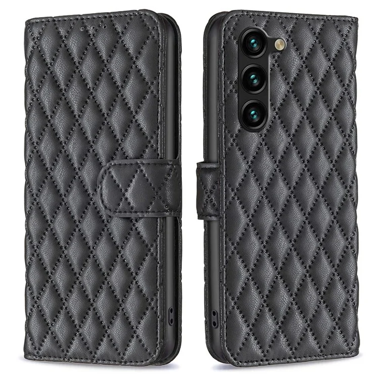 Couleur Binfen Pour Samsung Galaxy S23 Plus BF Style-14 Tapis D'amortisseur Couverture de Téléphone Imprimé Rhombus Modèle Téléphone Flip Leather Portefeuille - le Noir