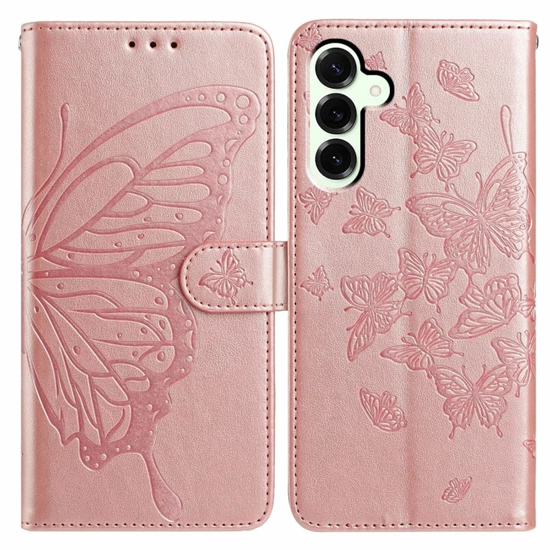 Für Samsung Galaxy S25+ Hülle Schmetterling Muster Wallet Ständer PU Leder Flip Handyhülle mit Trageriemen - Roségold