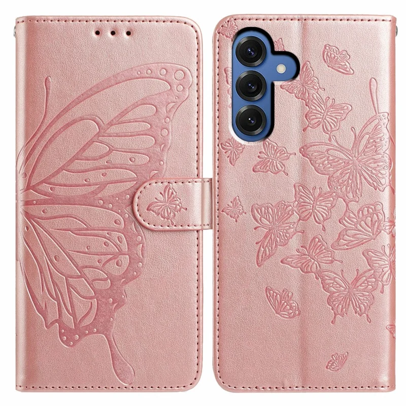 For Samsung Galaxy S25 Case Butterfly Imprinted Wallet Stand PU Leather Flip Phone Cover with Strap - Rose Gold