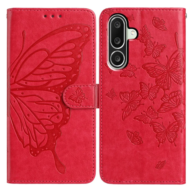 For Samsung Galaxy M56 5G Case Butterfly Imprinted Wallet Stand PU Leather Flip Phone Cover with Strap - Red