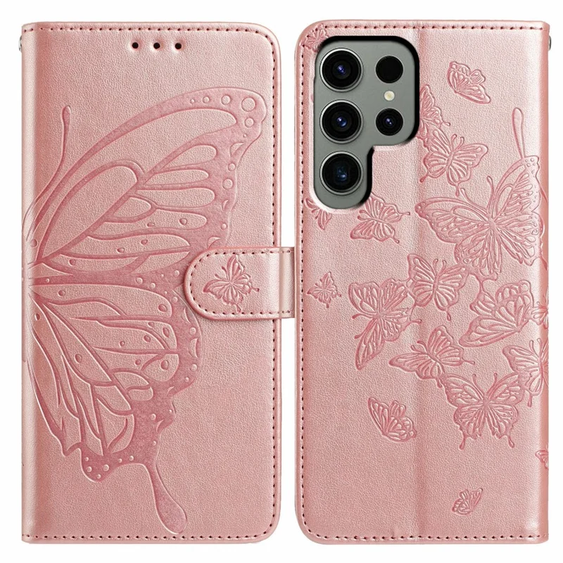 For Samsung Galaxy S24 Ultra Case Butterfly Imprinted Wallet Stand PU Leather Flip Phone Cover with Strap - Rose Gold