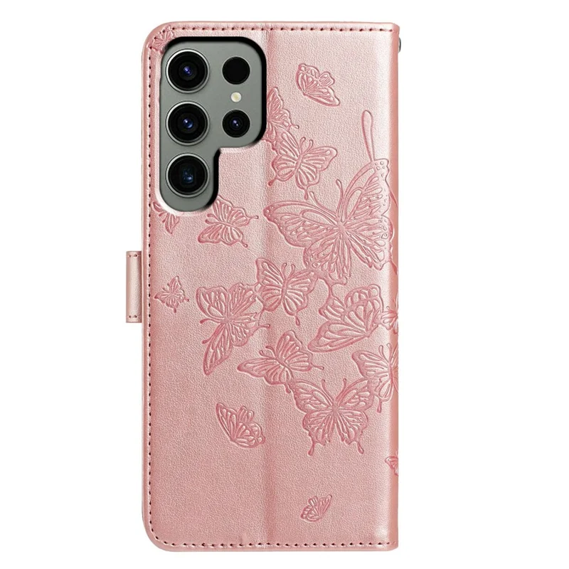 For Samsung Galaxy S24 Ultra Case Butterfly Imprinted Wallet Stand PU Leather Flip Phone Cover with Strap - Rose Gold