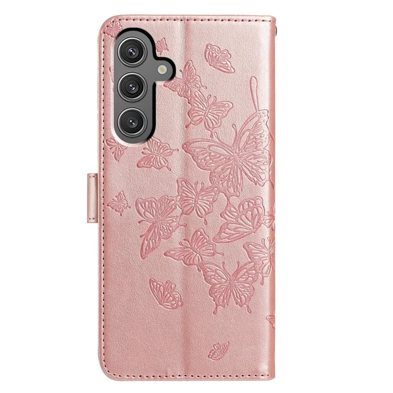 Für Samsung Galaxy S24+ Hülle Schmetterling-Muster Wallet Ständer PU-Leder Flip Handyhülle mit Trageriemen - Roségold