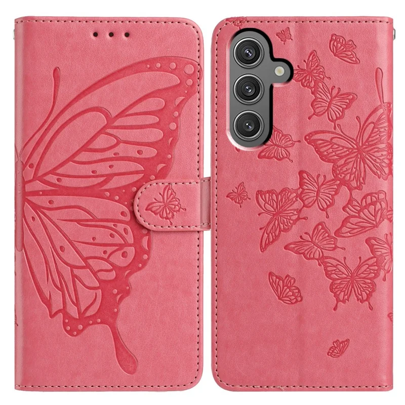 For Samsung Galaxy S24+ Case Butterfly Imprinted Wallet Stand PU Leather Flip Phone Cover with Strap - Rose