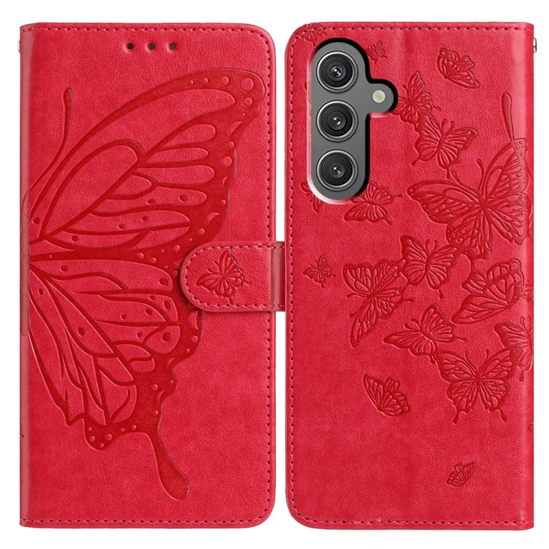 For Samsung Galaxy A34 5G Case Butterfly Imprinted Wallet Stand PU Leather Flip Phone Cover with Strap - Red