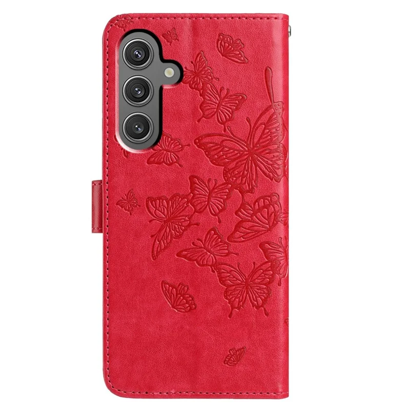For Samsung Galaxy A34 5G Case Butterfly Imprinted Wallet Stand PU Leather Flip Phone Cover with Strap - Red