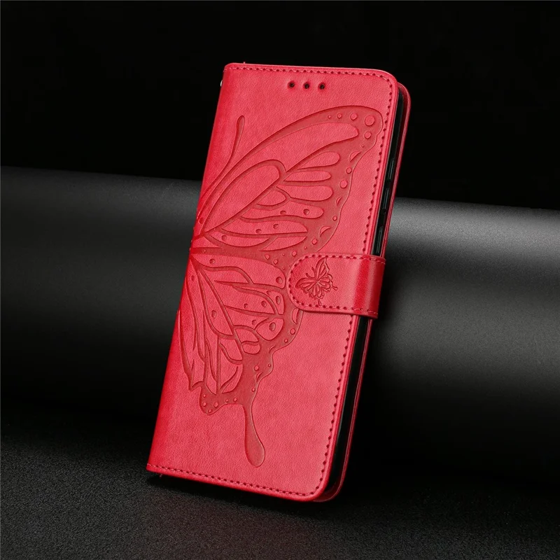 For Samsung Galaxy A34 5G Case Butterfly Imprinted Wallet Stand PU Leather Flip Phone Cover with Strap - Red