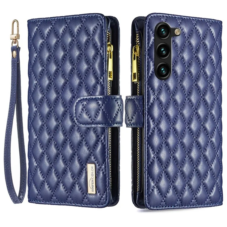 Binfen Color BF Style-15 Caixa de Telefone Para Samsung Galaxy S23 Plus Stand Padrão Impresso Rhombus Pattern Zipper Pocket Leather Cartet Cobert - Azul