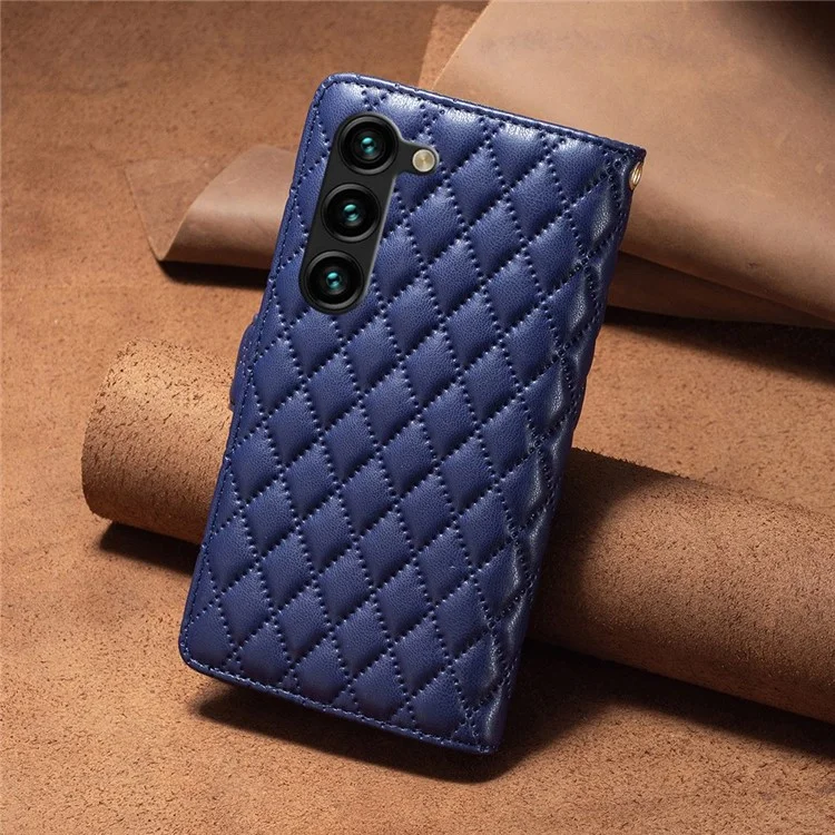 Binfen Color BF Style-15 Caixa de Telefone Para Samsung Galaxy S23 Plus Stand Padrão Impresso Rhombus Pattern Zipper Pocket Leather Cartet Cobert - Azul
