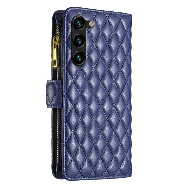 Binfen Color BF Style-15 Caixa de Telefone Para Samsung Galaxy S23 Plus Stand Padrão Impresso Rhombus Pattern Zipper Pocket Leather Cartet Cobert - Azul