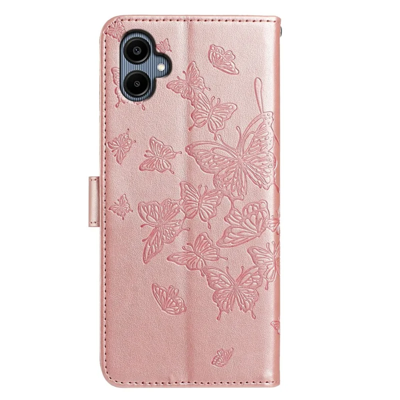 Für Samsung Galaxy A05 4G Hülle Schmetterling geprägt Geldbörse Ständer PU-Leder Flip Handyhülle mit Gurt - Roségold