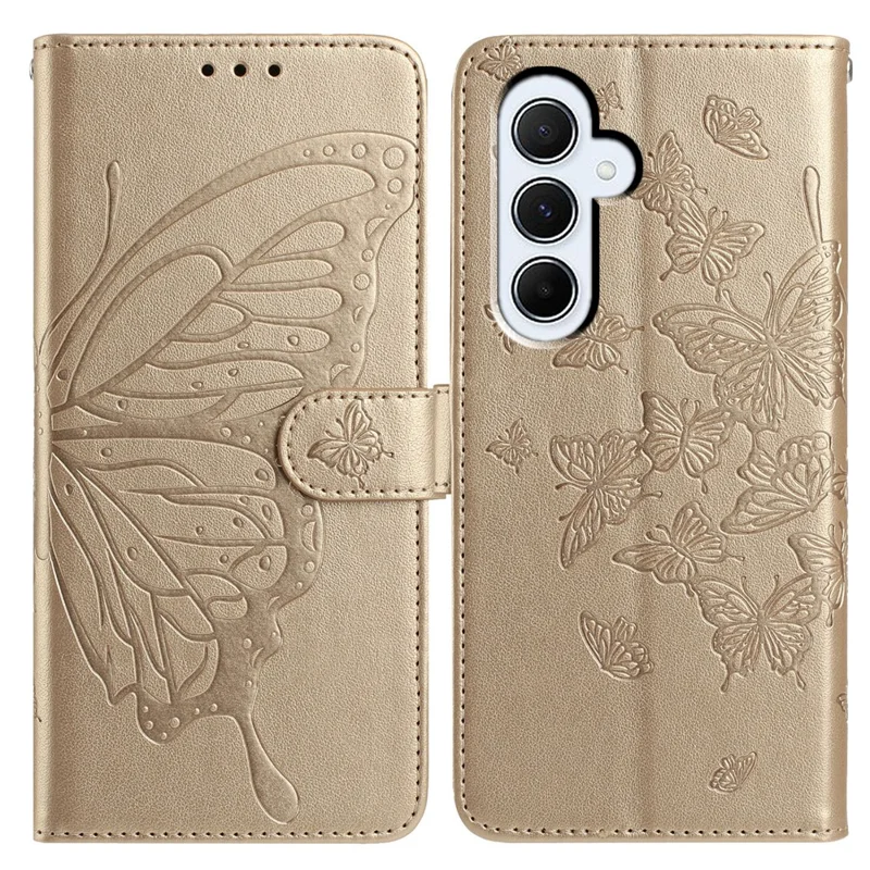 Étui portefeuille en cuir PU pour Samsung Galaxy A55 5G avec motif papillon, support et lanière - Or