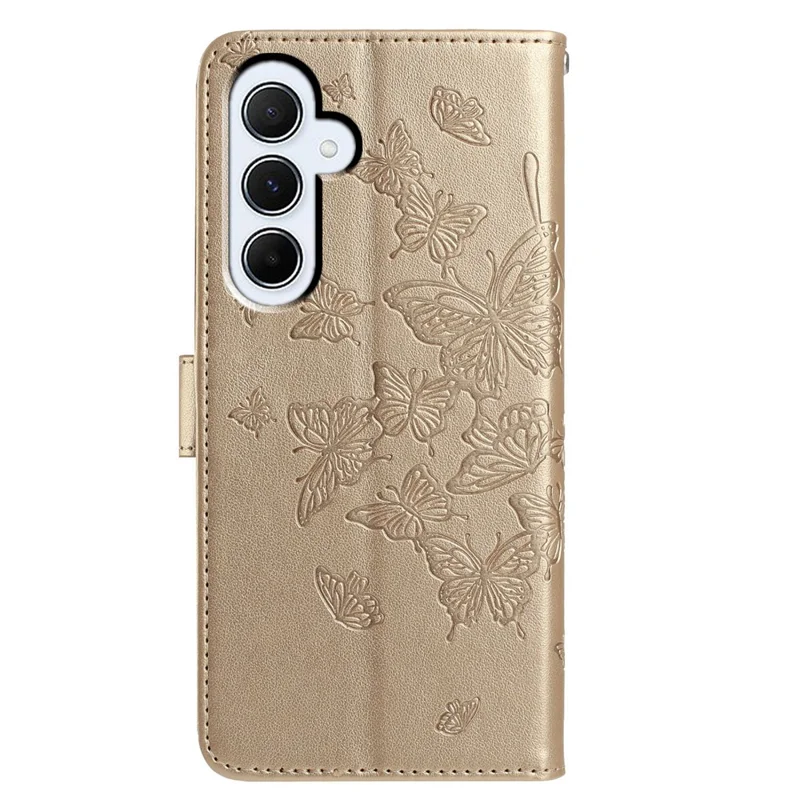 Étui portefeuille en cuir PU pour Samsung Galaxy A55 5G avec motif papillon, support et lanière - Or