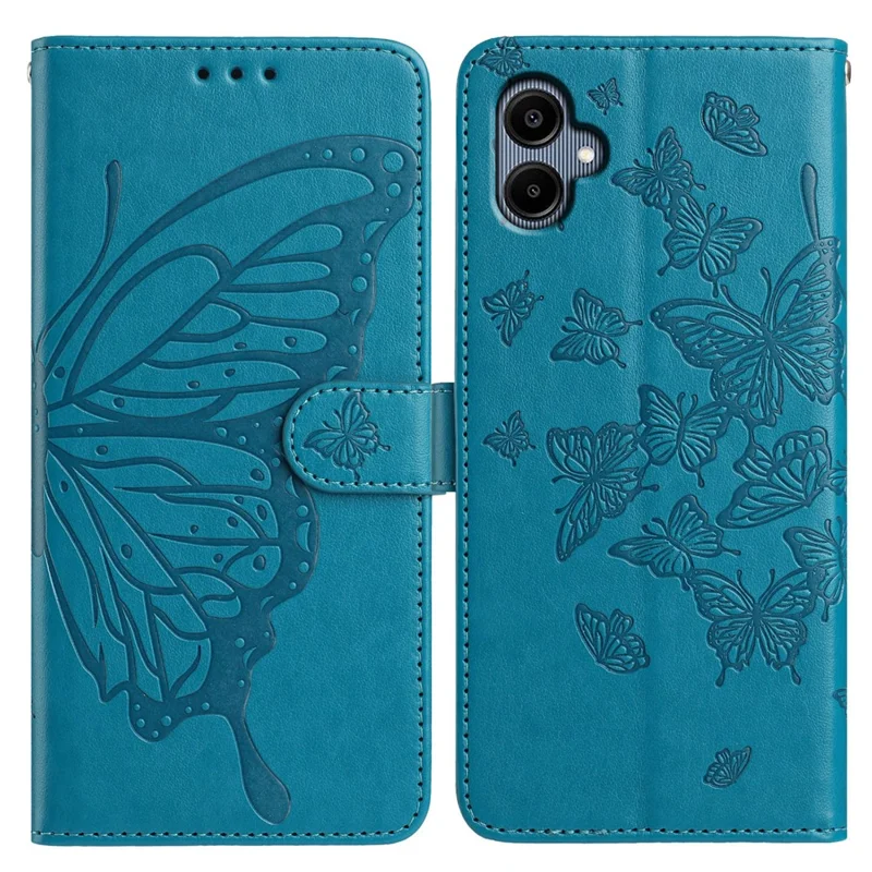 Capa para Samsung Galaxy A06 5G / A06 4G com Borboleta Estampada, Carteira, Suporte, Couro PU, Capa de Telefone Flip com Alça - Azul