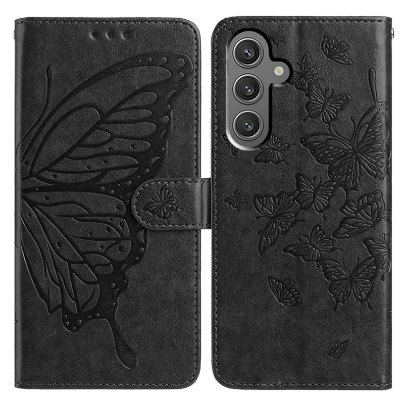 For Samsung Galaxy A16 5G / A16 4G Case Butterfly Imprinted Wallet Stand PU Leather Flip Phone Cover with Strap - Black