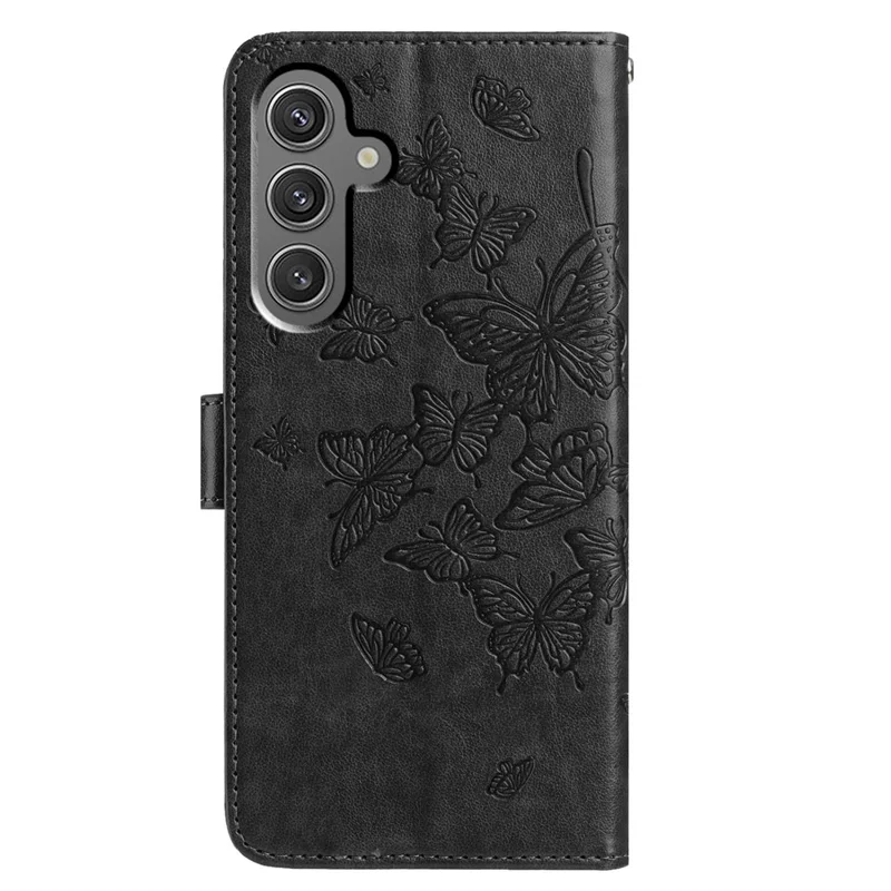 For Samsung Galaxy A16 5G / A16 4G Case Butterfly Imprinted Wallet Stand PU Leather Flip Phone Cover with Strap - Black