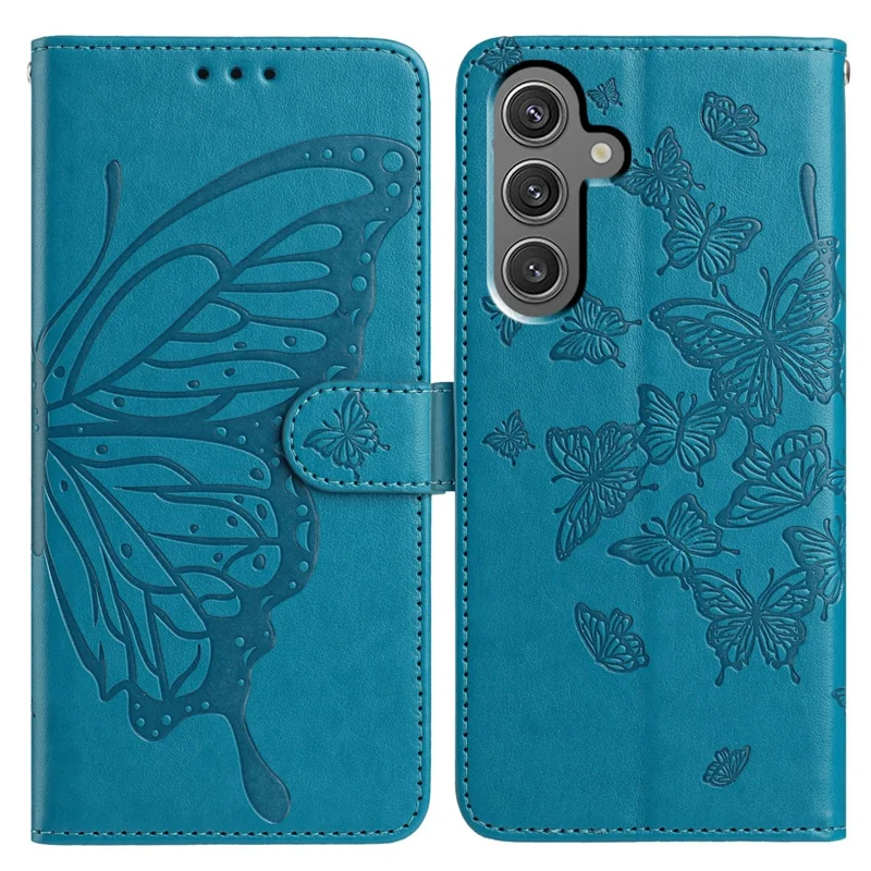 For Samsung Galaxy A17 5G / A17 4G / A26 5G Case Butterfly Imprinted Wallet Stand PU Leather Flip Phone Cover with Strap - Blue