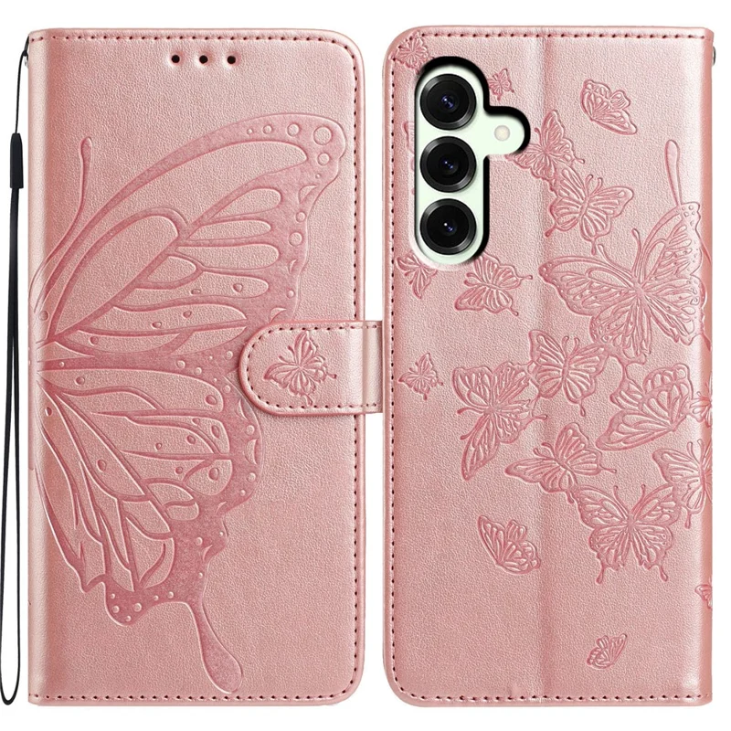 For Samsung Galaxy A17 5G / A17 4G / A26 5G Case Butterfly Imprinted Wallet Stand PU Leather Flip Phone Cover with Strap - Rose Gold