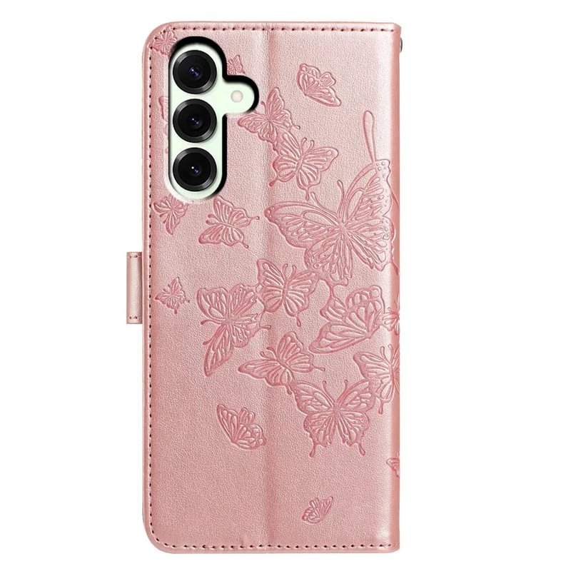 For Samsung Galaxy A17 5G / A17 4G / A26 5G Case Butterfly Imprinted Wallet Stand PU Leather Flip Phone Cover with Strap - Rose Gold
