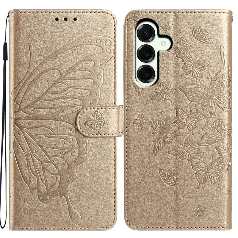 For Samsung Galaxy A17 5G / A17 4G / A26 5G Case Butterfly Imprinted Wallet Stand PU Leather Flip Phone Cover with Strap - Gold