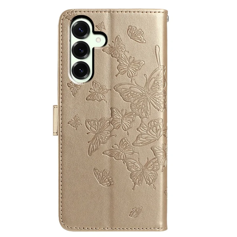 For Samsung Galaxy A17 5G / A17 4G / A26 5G Case Butterfly Imprinted Wallet Stand PU Leather Flip Phone Cover with Strap - Gold