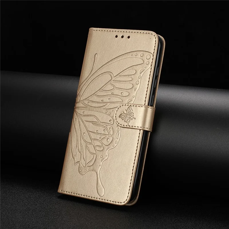 For Samsung Galaxy A17 5G / A17 4G / A26 5G Case Butterfly Imprinted Wallet Stand PU Leather Flip Phone Cover with Strap - Gold