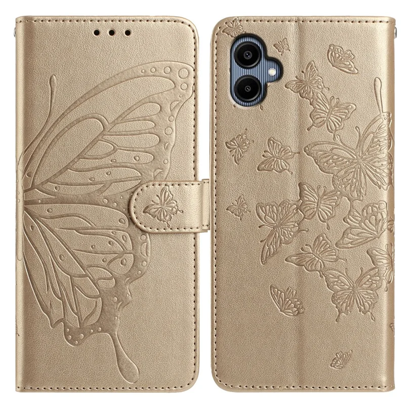 For Samsung Galaxy A07 4G Case Butterfly Imprinted Wallet Stand PU Leather Flip Phone Cover with Strap - Gold