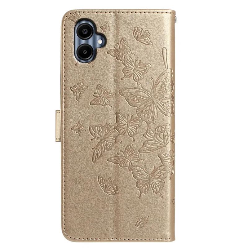 For Samsung Galaxy A07 4G Case Butterfly Imprinted Wallet Stand PU Leather Flip Phone Cover with Strap - Gold