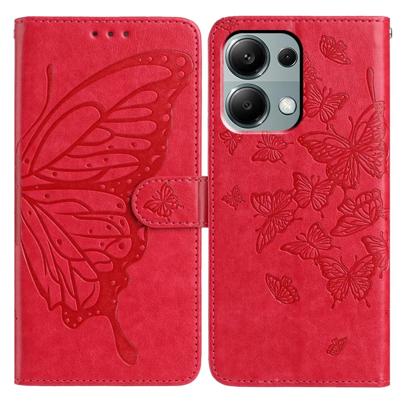 Чехол-кошелек для Xiaomi Redmi Note 13 Pro 4G / 14S 4G / Poco M6 Pro 4G с рисунком бабочки из искусственной кожи с ремешком-подставкой - Красный