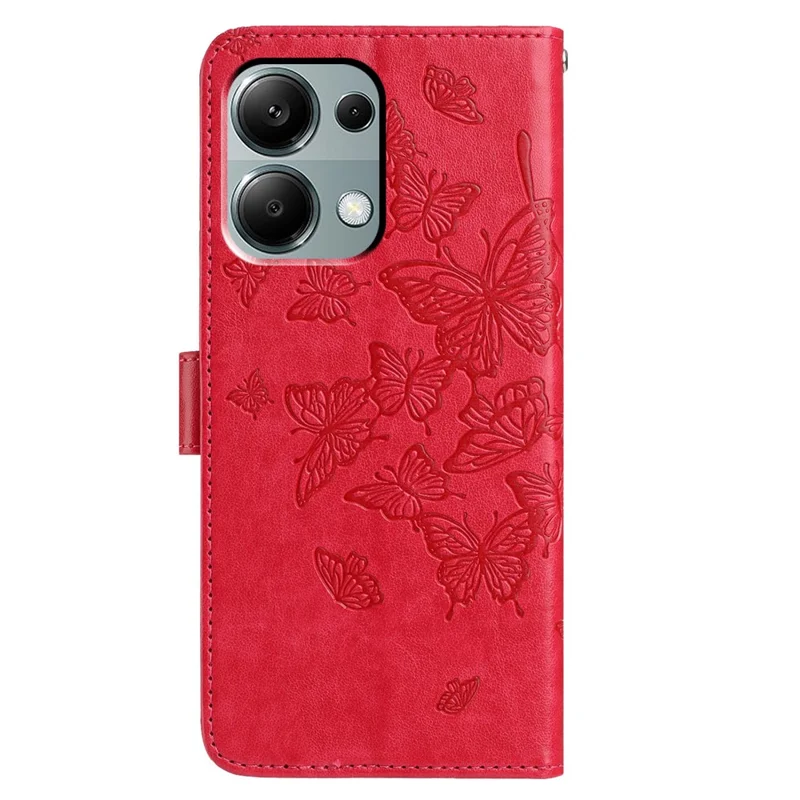 Чехол-кошелек для Xiaomi Redmi Note 13 Pro 4G / 14S 4G / Poco M6 Pro 4G с рисунком бабочки из искусственной кожи с ремешком-подставкой - Красный