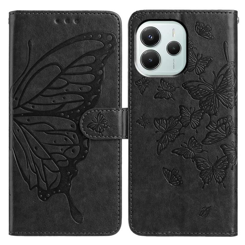 Funda tipo cartera para Xiaomi Redmi Note 14 5G con diseño de mariposa, soporte, cuero PU, tapa abatible y correa - Negro
