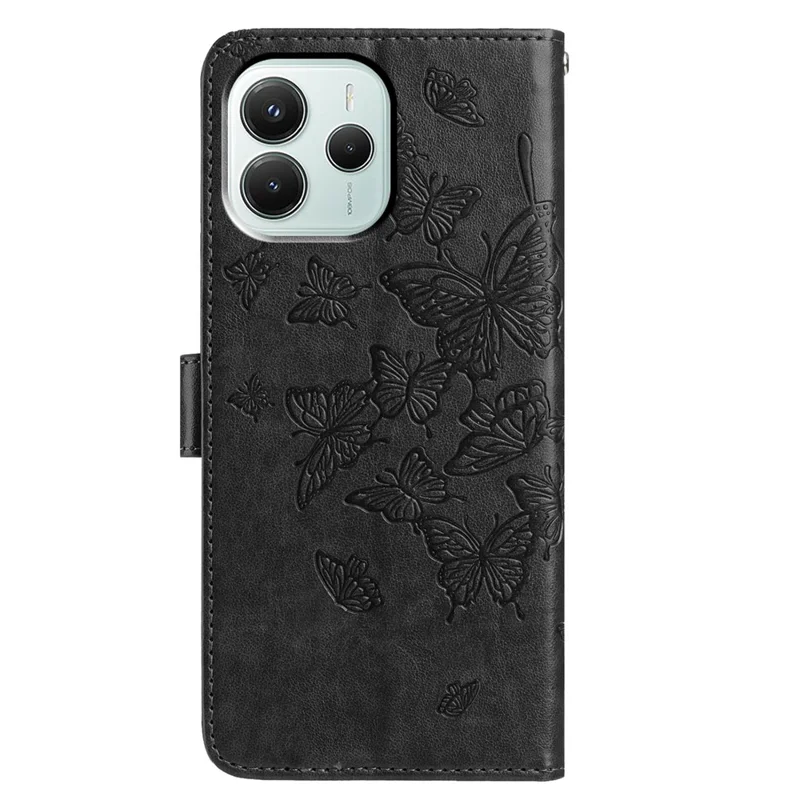 Funda tipo cartera para Xiaomi Redmi Note 14 5G con diseño de mariposa, soporte, cuero PU, tapa abatible y correa - Negro