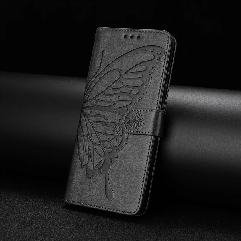 Funda tipo cartera para Xiaomi Redmi Note 14 5G con diseño de mariposa, soporte, cuero PU, tapa abatible y correa - Negro
