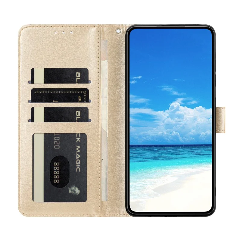 For Xiaomi Redmi Note 14 4G (163.25mm) Case Butterfly Imprinted Wallet Stand PU Leather Flip Phone Cover with Strap - Gold