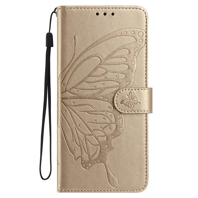 For Xiaomi Redmi Note 14 4G (163.25mm) Case Butterfly Imprinted Wallet Stand PU Leather Flip Phone Cover with Strap - Gold