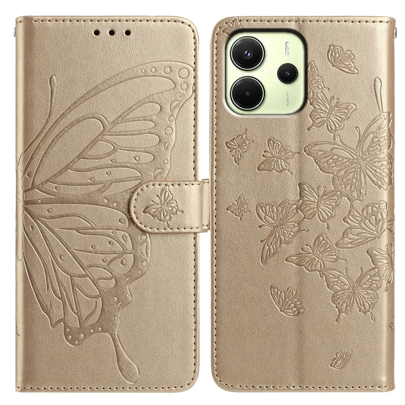 Für Xiaomi Redmi Note 14 4G (164,84 mm) Hülle mit Schmetterlings-Motiv, Geldbörsen-Ständer, PU-Leder Flip Handyhülle mit Trageriemen - Gold