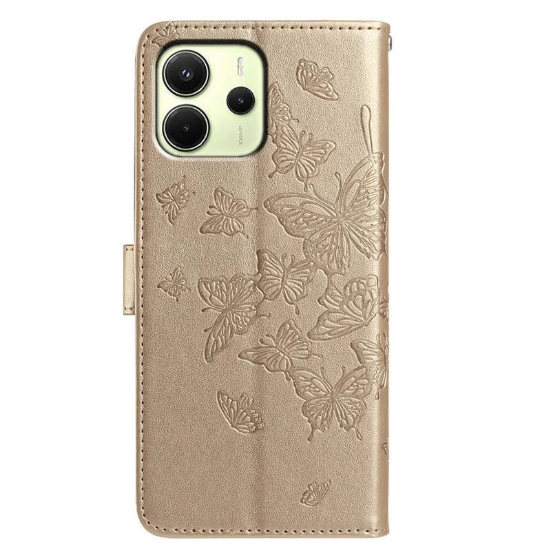 Für Xiaomi Redmi Note 14 4G (164,84 mm) Hülle mit Schmetterlings-Motiv, Geldbörsen-Ständer, PU-Leder Flip Handyhülle mit Trageriemen - Gold