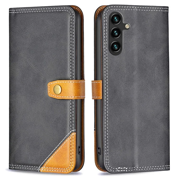 BINFEN COLOR for Samsung Galaxy A14 5G / A14 4G Leather Case with Card Holder Color Splicing Phone Stand Cover - Black