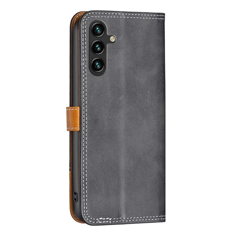 BINFEN COLOR for Samsung Galaxy A14 5G / A14 4G Leather Case with Card Holder Color Splicing Phone Stand Cover - Black