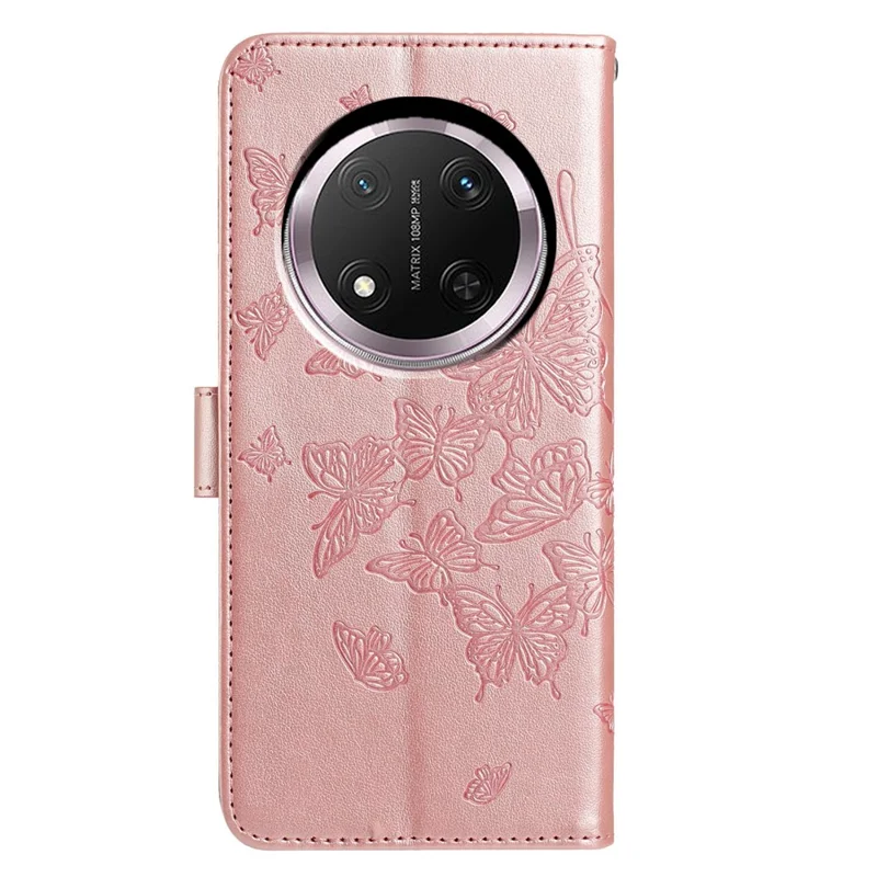 Wallet Stand Case for Honor X9c 5G / X60 Pro 5G / Magic7 Lite 5G Butterfly Imprinted PU Leather Flip Phone Cover with Strap - Rose Gold