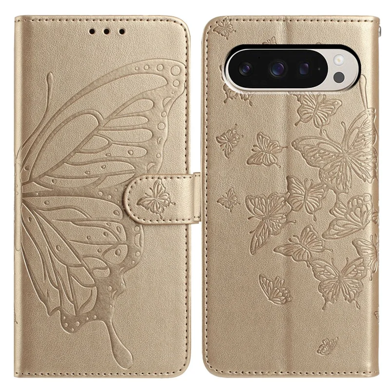 Custodia Portafoglio con Supporto per Google Pixel 9 / 9 Pro / 10 Pro - Cover Flip in Pelle PU con Farfalle Stampate e Cinturino - Oro