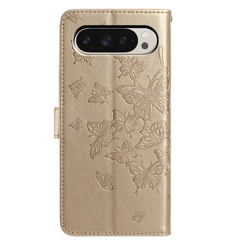 Custodia Portafoglio con Supporto per Google Pixel 9 / 9 Pro / 10 Pro - Cover Flip in Pelle PU con Farfalle Stampate e Cinturino - Oro