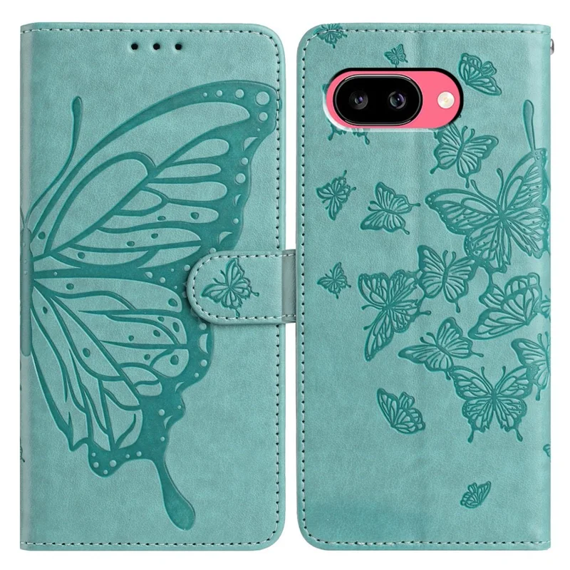 For Google Pixel 9a Case Butterfly Imprinted Wallet Stand PU Leather Flip Phone Cover with Strap - Green