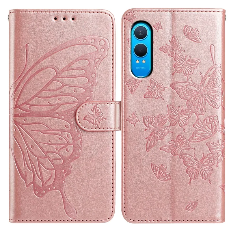 For OnePlus Nord CE4 Lite 5G Case Butterfly Imprinted Wallet Stand PU Leather Flip Phone Cover with Strap - Rose Gold