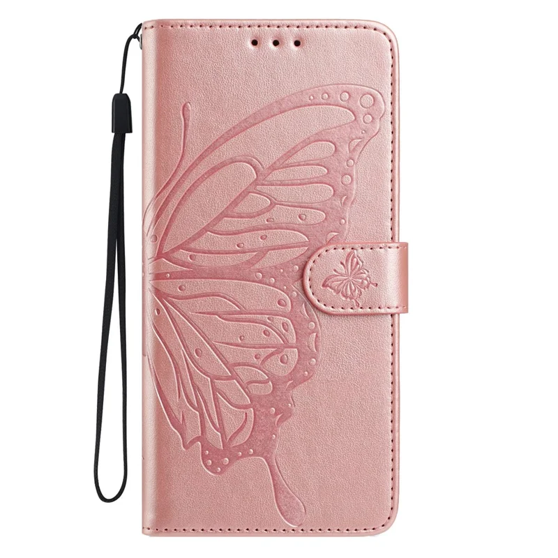 For OnePlus Nord CE4 Lite 5G Case Butterfly Imprinted Wallet Stand PU Leather Flip Phone Cover with Strap - Rose Gold