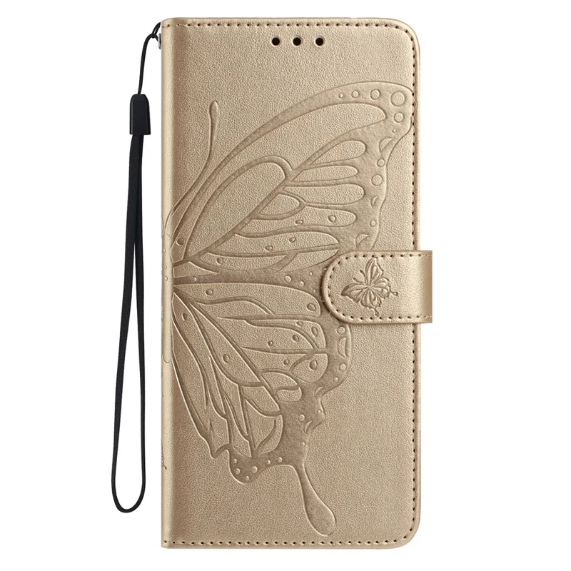 Cover a portafoglio con farfalle stampate per Motorola Moto E15 4G / G05 4G con supporto, in pelle PU con cinghia - Oro