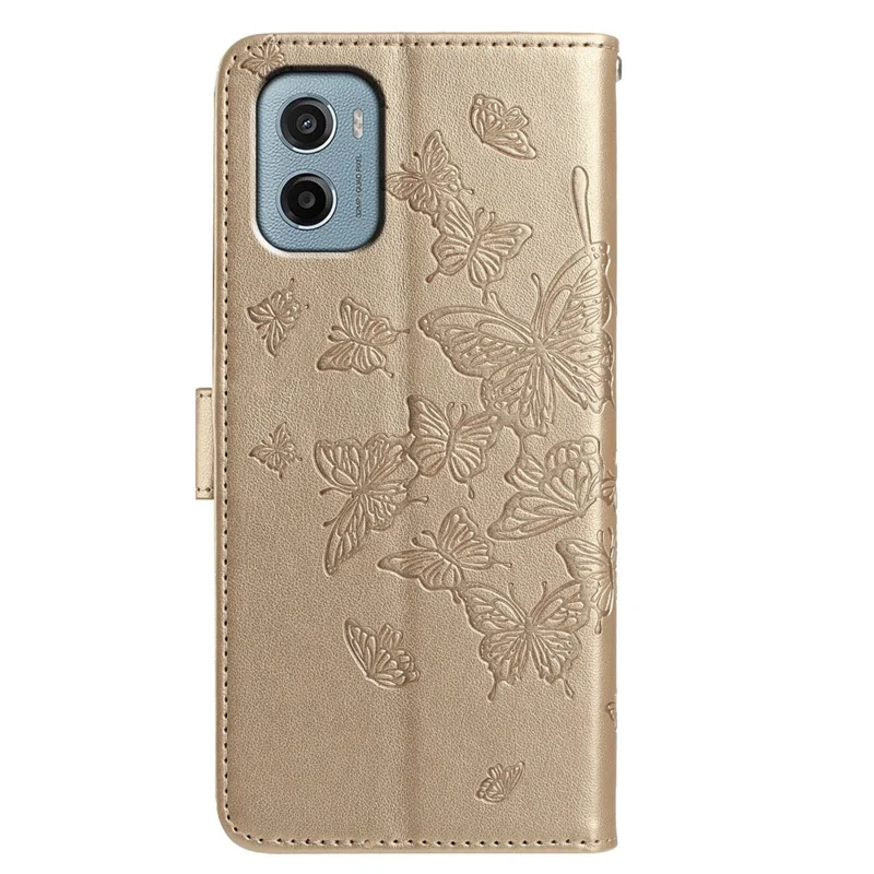 Cover a portafoglio con farfalle stampate per Motorola Moto E15 4G / G05 4G con supporto, in pelle PU con cinghia - Oro