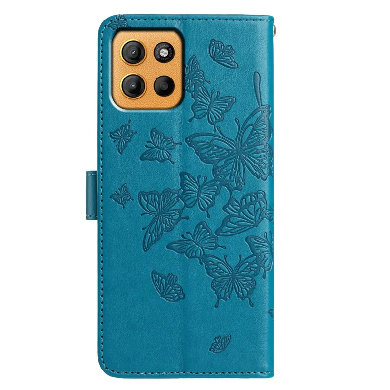 Cover a portafoglio con farfalle stampate per Motorola Moto G15 4G, supporto pieghevole in pelle PU con cinturino - Blu